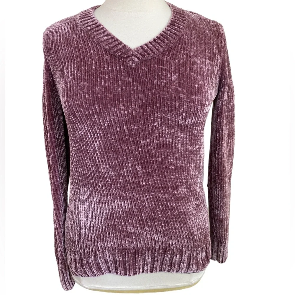Orvis mauve v neck chenille tunic pullover sweater